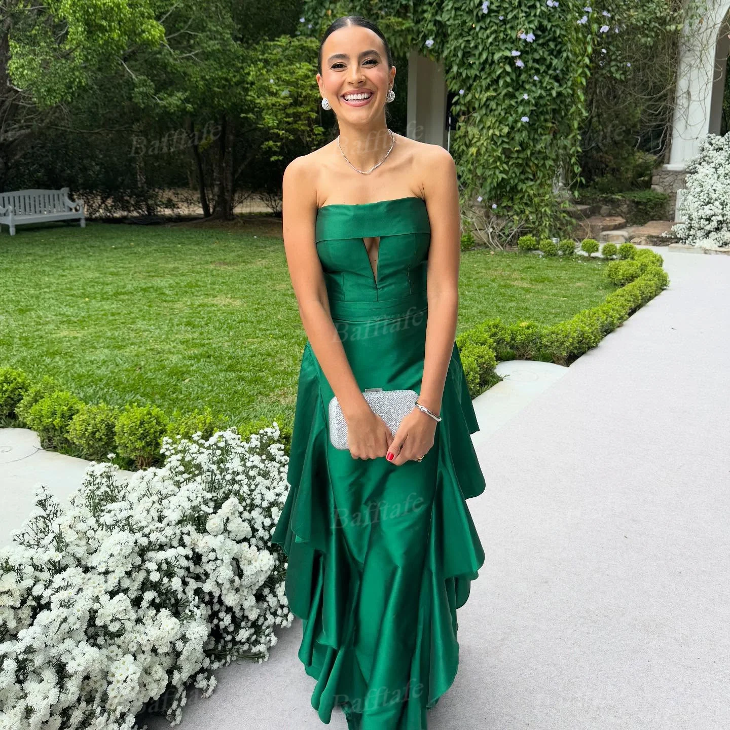 Bafftafe Groene Zijde Satijn Avondjurken Aangepaste Ruches Dames Galajurken Arabische Formele Feest Speciale Celebrity Jurk