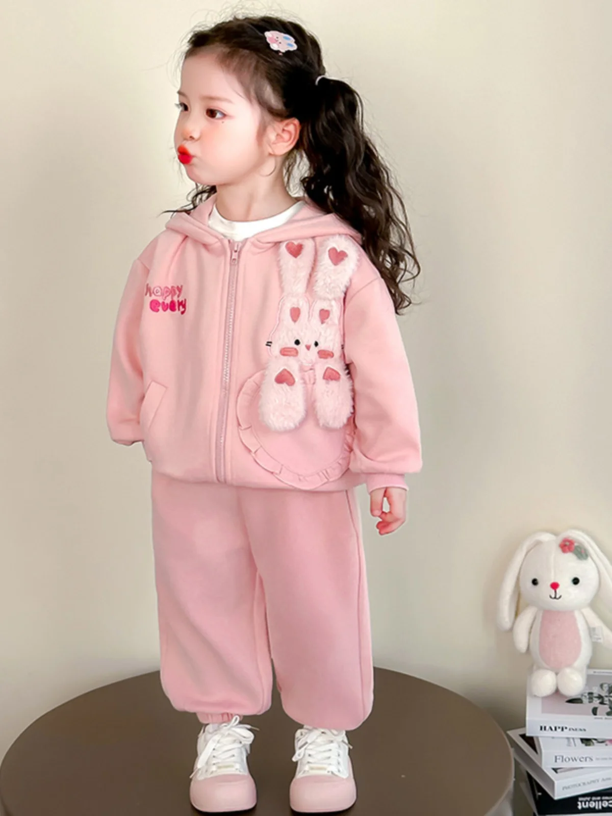 

Повседневная спортивная одежда с капюшоном и вышивкой кролика для девочек, весенний модный комплект из двух предметов, длинные брюки све, Ele Outfit