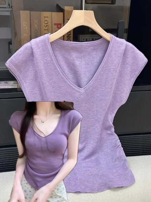 

Purple V-Neck Knitted Ice Silk Short Sleeve T-Shirt Slim Fit Asymmetrical Top for Women Summer Commute Style Korean Version