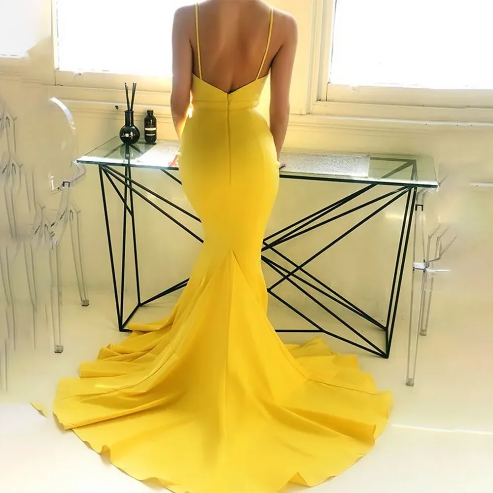 Gaun Malam Elegan Kuning Gaun Prom Pesta Punggung Terbuka Gaun Prom Malam Putri Duyung Tali Spaghetti A-Line Punggung Terbuka Disesuaikan