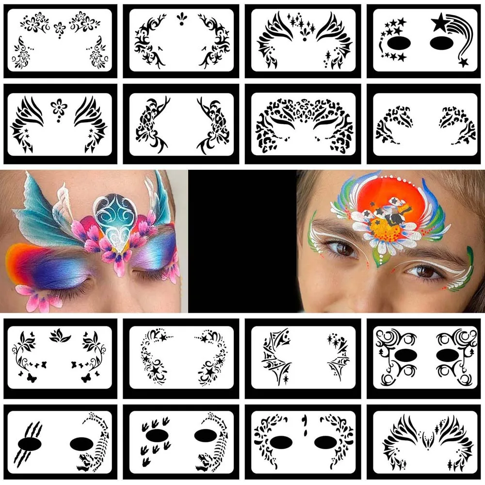 16 Style Face Paint Stencils Professional Body Art Paint Stencils Reusable for Adults Kids Easily Use Templates for Makeup Tools