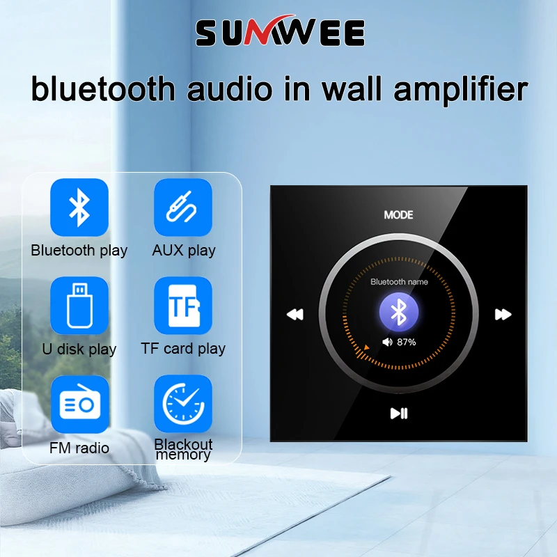 

bluetooths audio in wall amplifier touch screen Background music player sound Knob control panle system ceiling speaker FM radio