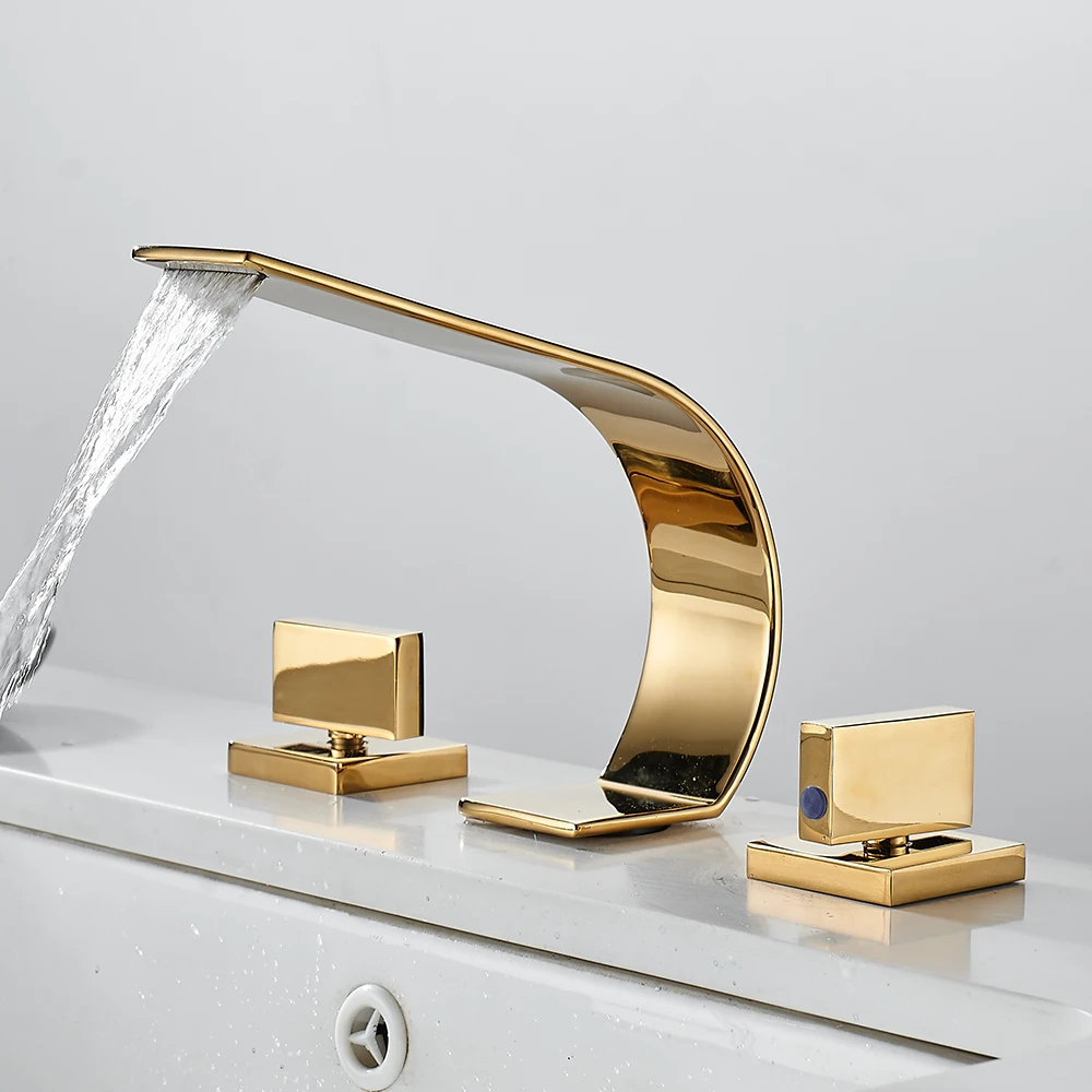 

Pieces Golden And Brush Deck Mounted Waterfall Wide Spout Double Handles Bath Bathtub Faucet Bathroom Mixer Tap