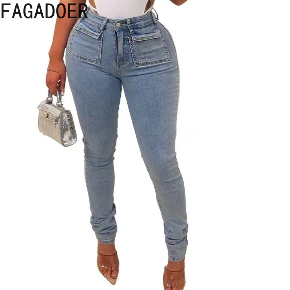 Imagem -04 - Fanadoer-calças Jeans com Pérolas Ocas para Mulheres Calças Skinny Cintura Alta Botão Bolso Casual Estilo Cowboy Combinando