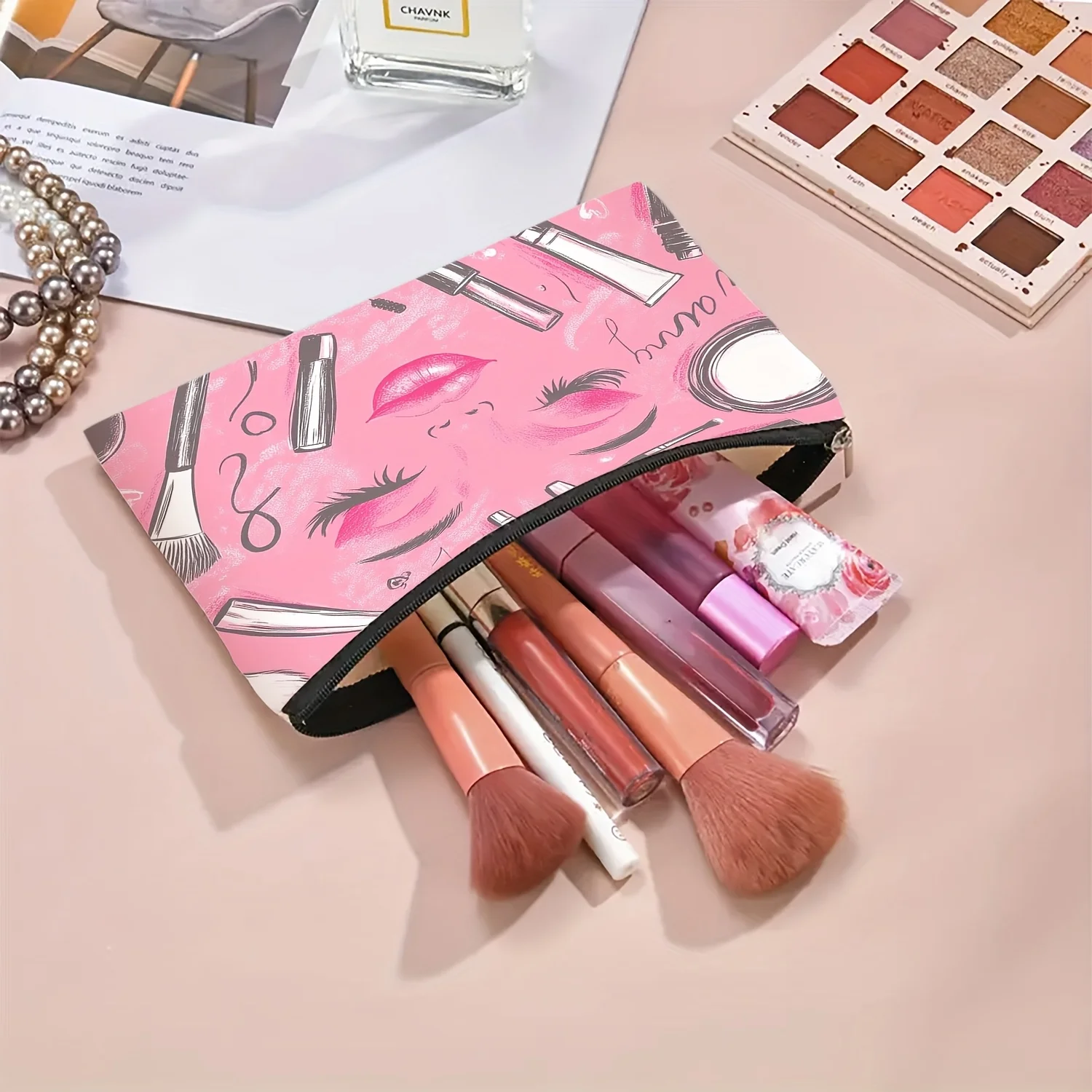 Un sac de maquillage rose pour élément cosmétique – jolie pochette multifonctionnelle à fermeture éclair pour femmes, sac de rangement de bijoux