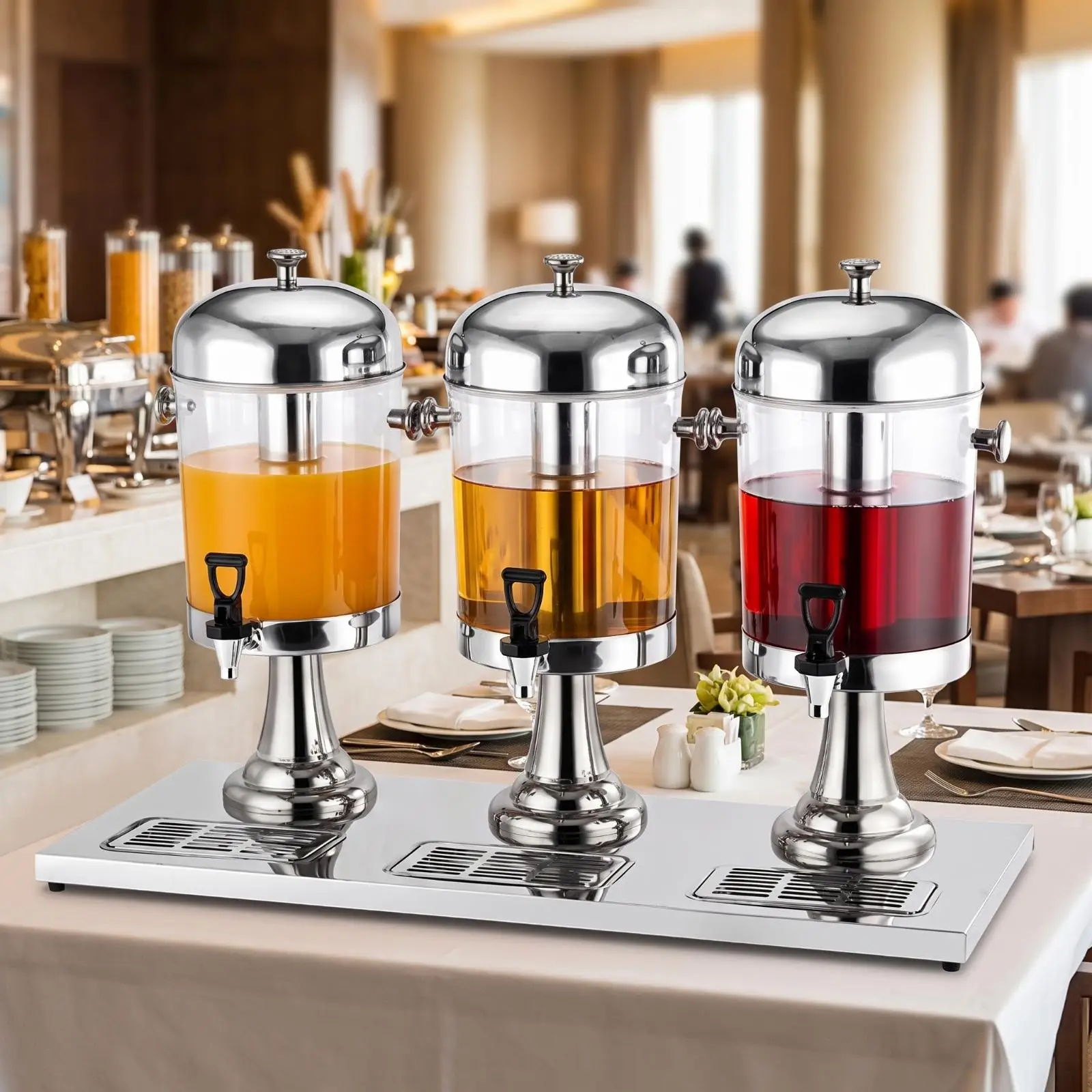 Triple Drink Dispenser 24L Metal Body with Drip Trays for Different Drinks Cups at Parties