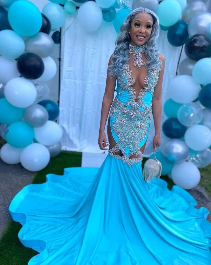 Blue Long African Mermaid Prom Dresses for Women Sparkly Diamond Crystal Beaded Evening Birthday Gown robe longue bleu