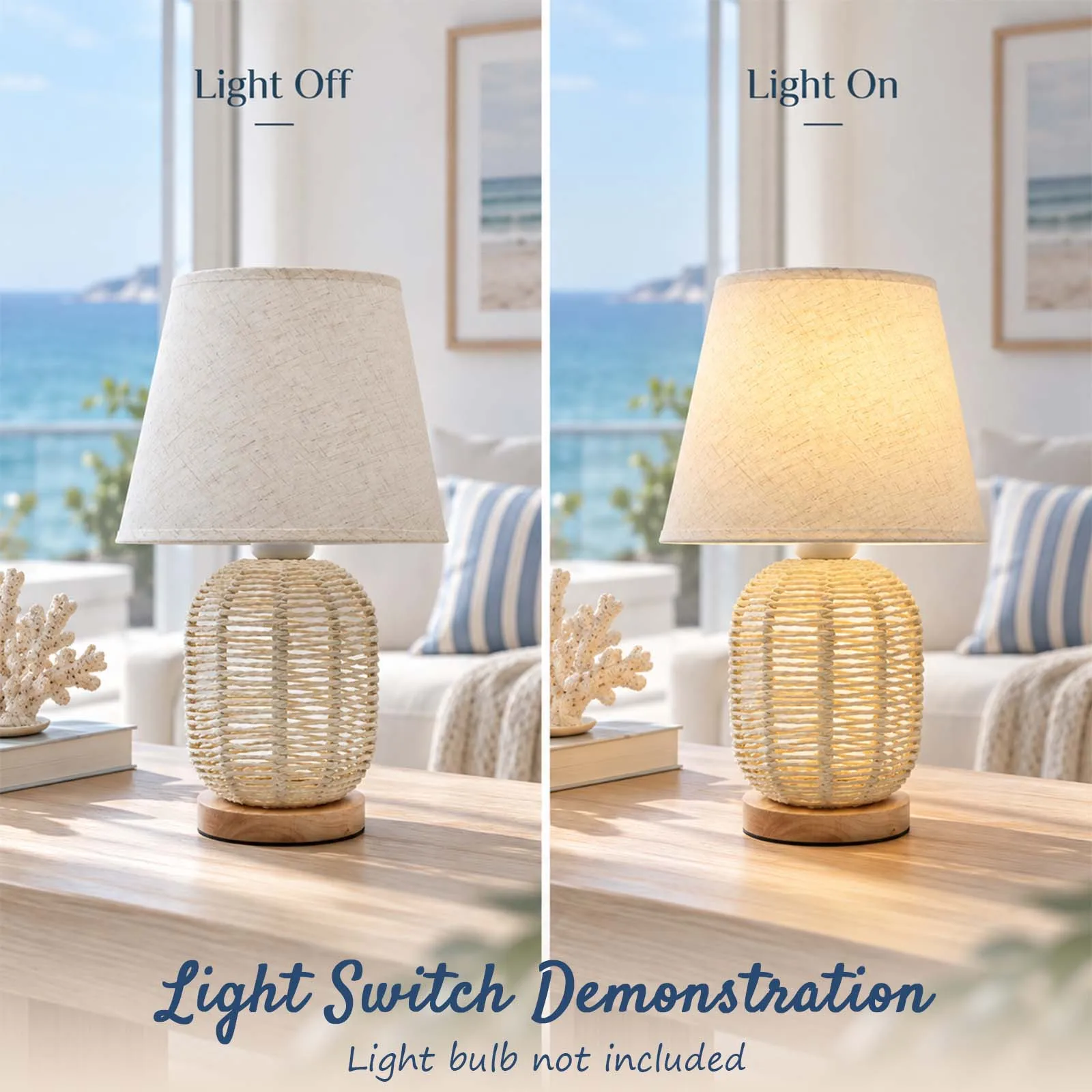 Table Lamp, Cream Linen Shade, Open Weave Oval Base, E27, Coastal, Bedroom Bedside Living