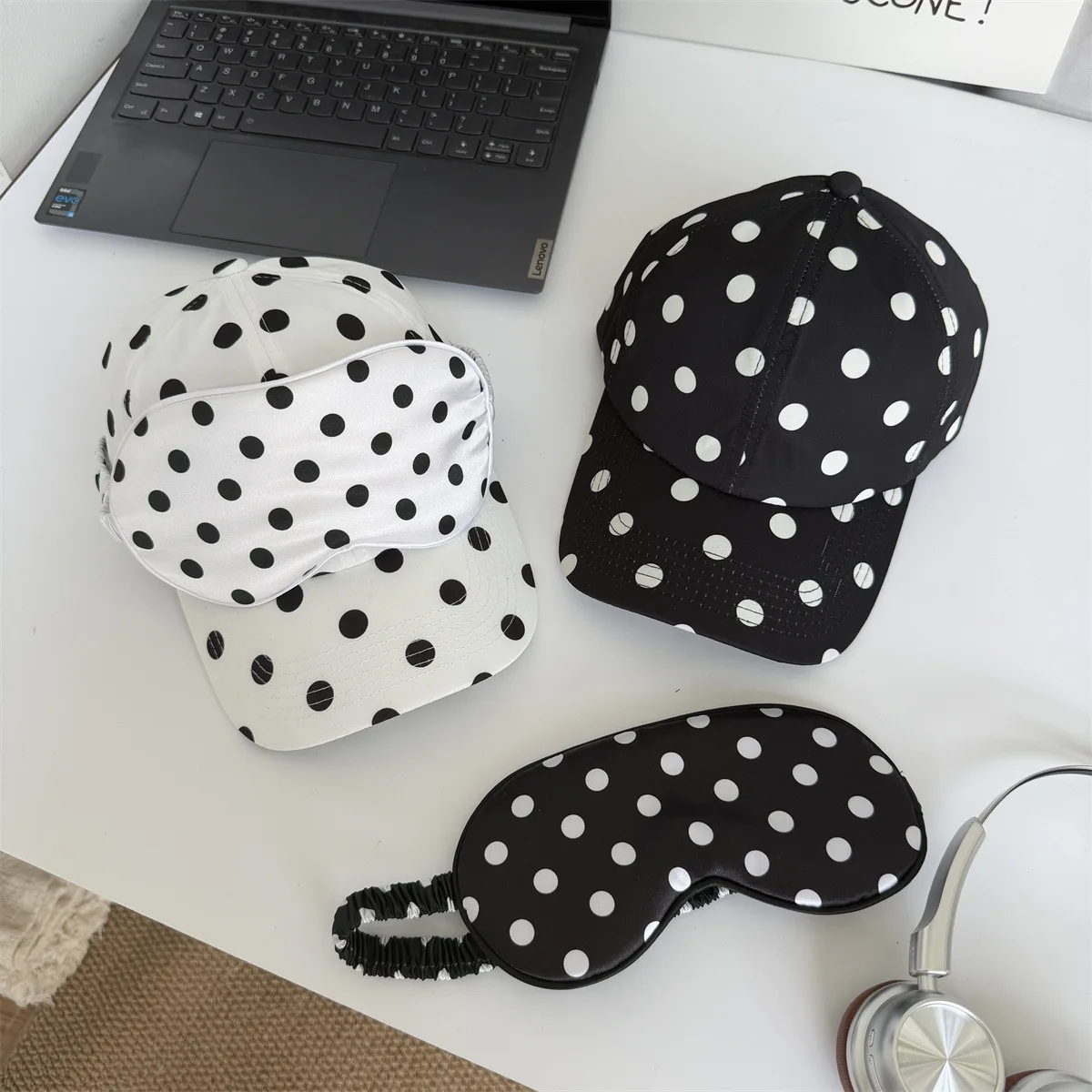 Polka Dot Baseball Cap & Eye Mask 2Pcs Set for Women, Simple Dot Print Casual Outdoor Hat Sleep Eye Cover Travel Accessory Kit