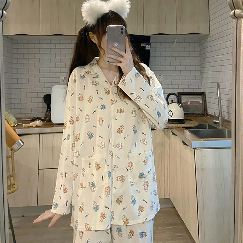 Pajamas Female Korean Sweet and Cute Net Red Long-sleeved Cardigan Girl Casual Trousers Home Clothing Suit Womens Pajamas