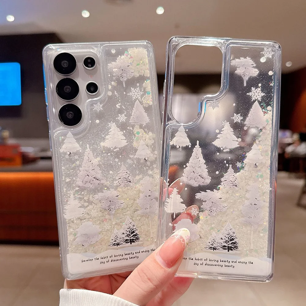Phone Case For Samsung Galaxy S22 S23 S24 S25 Plus Ultra New INS Quicksand Glitter White Forest Tree Print Clear Potective Cover
