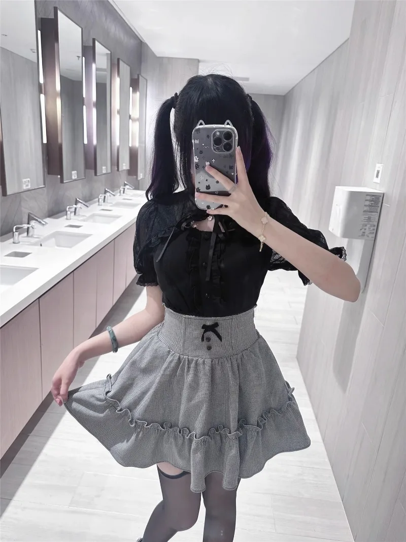 2025 Summer Lace Shawl Short-sleeved Shirt Japanese Rojita Style Blusas White Single-breasted Slim-fit Blouse Women's Clothing