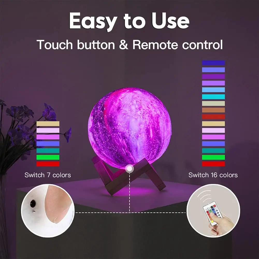 3D Printed Starry Star Moon Lights 16colors Colorful Rechargeable Touch Night Light Home Decor Creative Gift USB Table Lamp