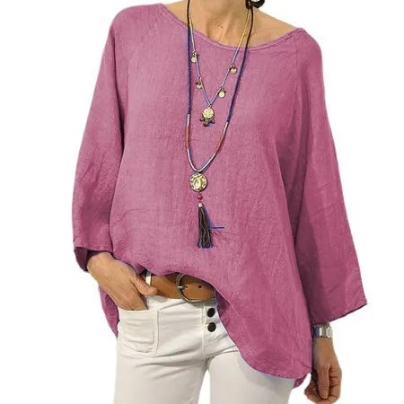 Round Neck Nine Tenth Sleeve Top Regular Length Bohemian Loose Fit Pullover with T Shirts Three Quarter Sleeve Autumn Women