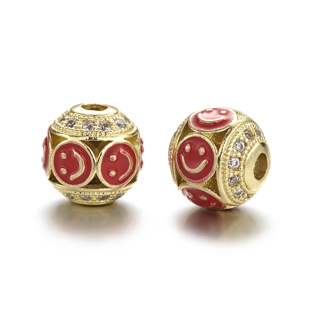 Wholesale CZ Micro Pave Enameled Smiling Face Brass Ball Beads Diy Loose Bead Jewelry Handmade Accessories 10 MM  Beads Bracelet