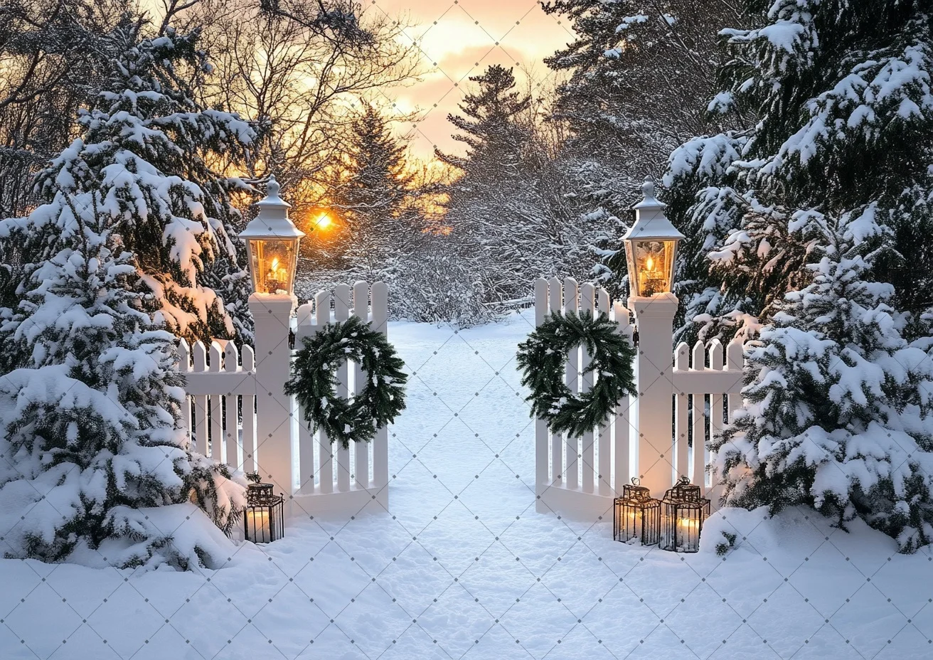 Christmas Winter Snow Garden Photo Background White Fence Lantern Wreath Sunset View Children Family Holiday Party Photography