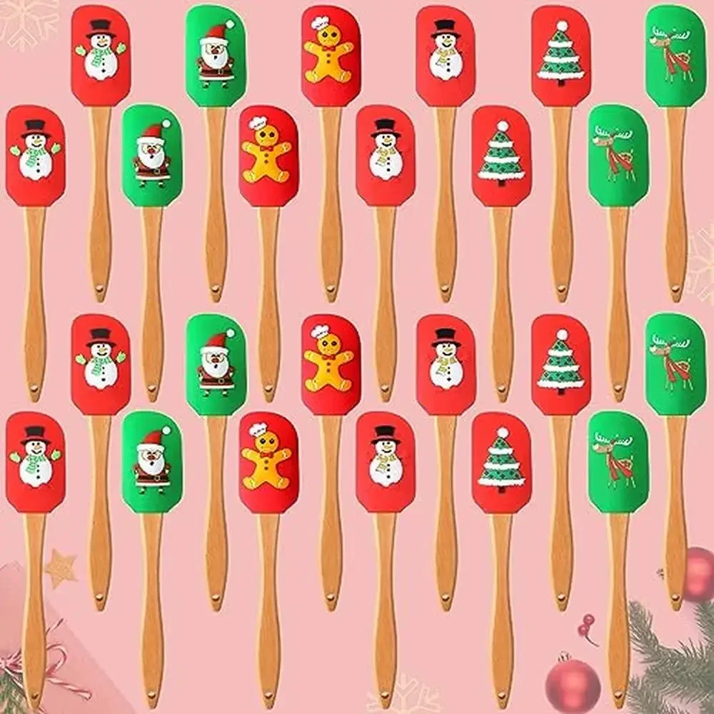 Christmas Kitchen Utensils Set 24 Pcs Silicone Spatula Holiday Baking Tools Snowman Santa Claus Tree Gingerbread Man Cake Mix
