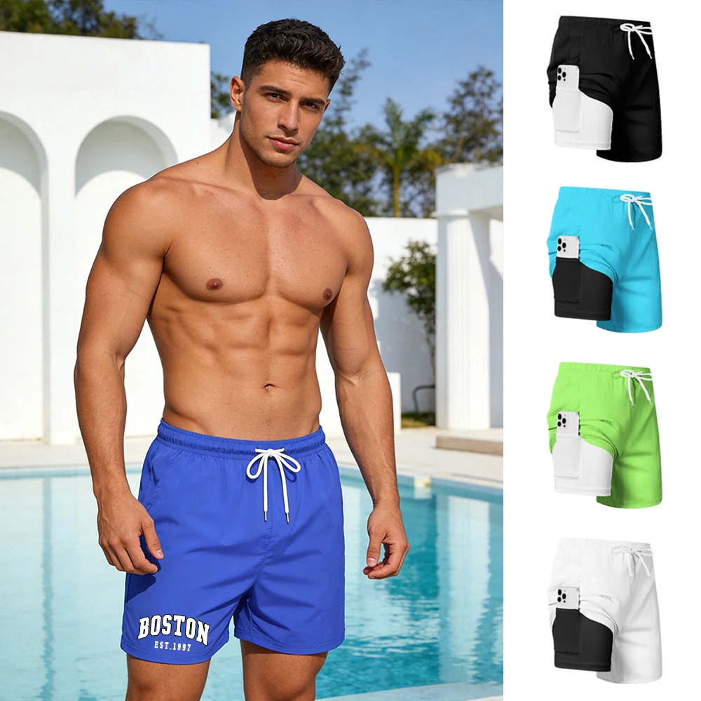 

Men's Printed Beach Shorts 2026 Summer New Style 2 In 1 Sports Shorts For Daily Fitness Running Training Drawstring Adjustment