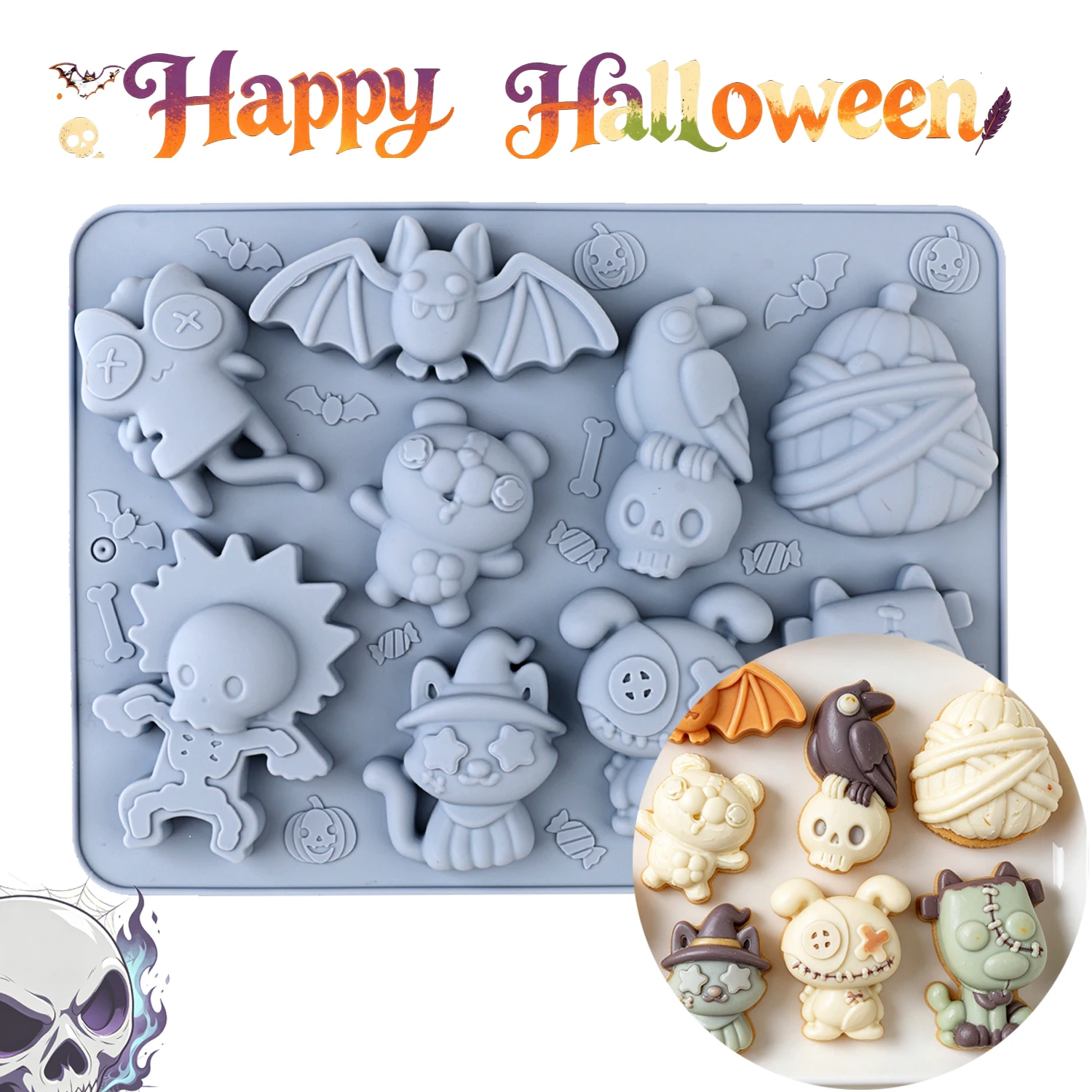Halloween-themed silicone baking molds, non-stick and easy to release, made of food-grade silicone, featuring various creative shapes such as bats, skeletons, crows, scary animal puppies, and kittens, suitable for making cupcakes, chocolates, cake decorations, Halloween decorations, etc. Ideal for home baking, DIY for beginners, and holiday baking gifts