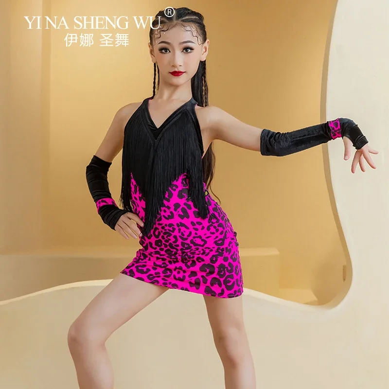 Abito latino per ragazza Abito da ragazza con nappa nera leopardata rosa rossa Abito da competizione per performance pratica rumba tango salsa per bambini
