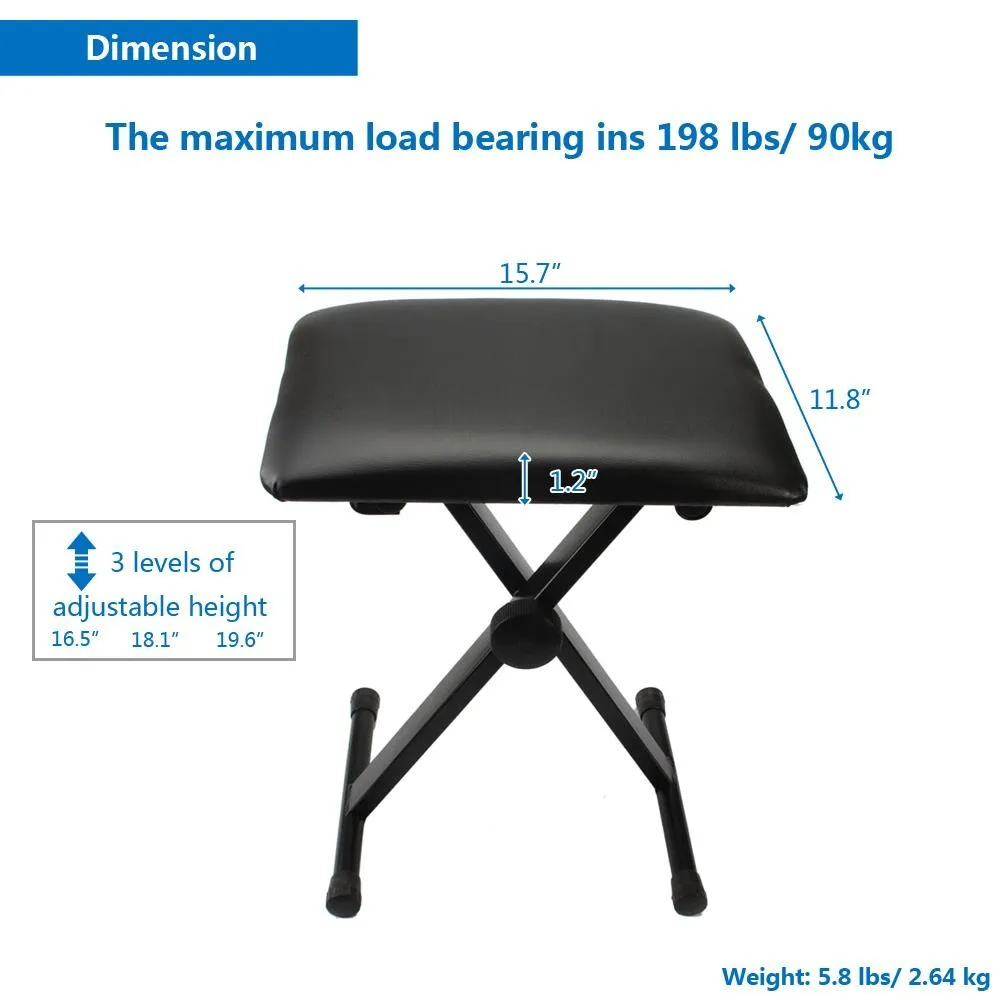 Piano Bench Adjustable Piano Keyboard Chair Padded Seat Rubber Feet Steel Stool