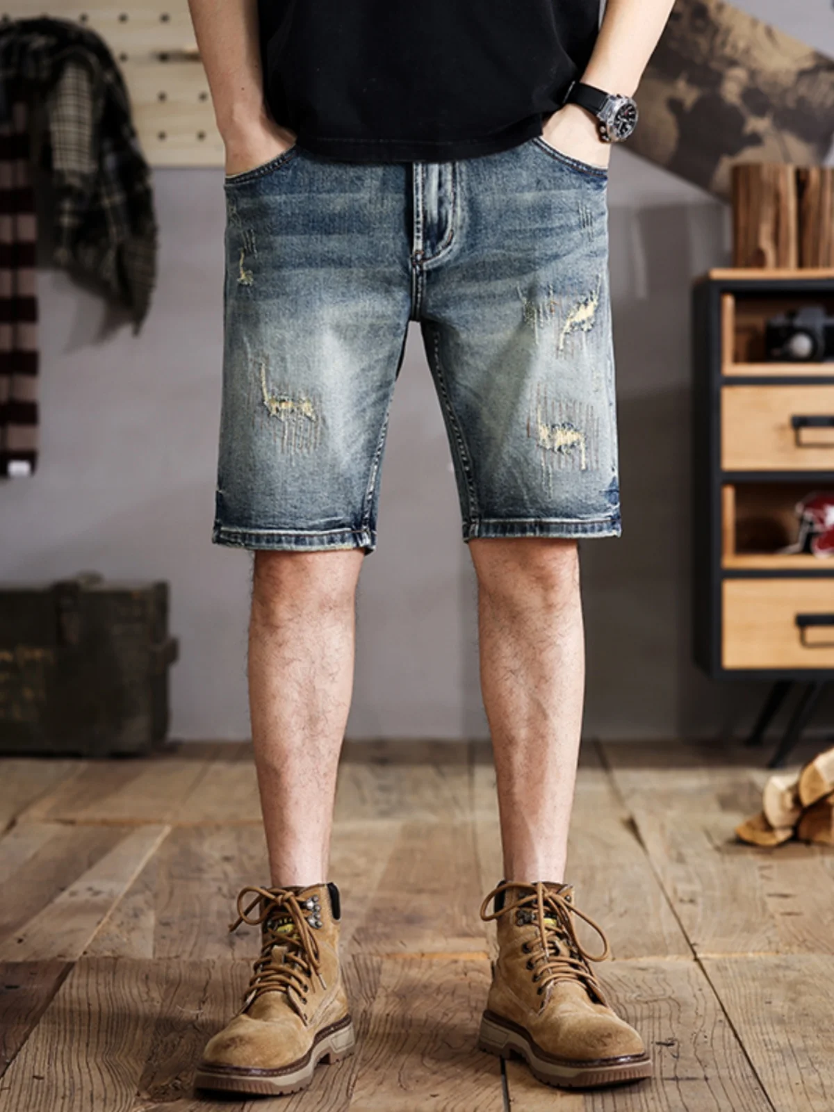

Retro Distred Straight Leg Men's Denim orts Casual Wear Cotton Stretch Fabric Wear Resistant mid Waist Zipper Fly