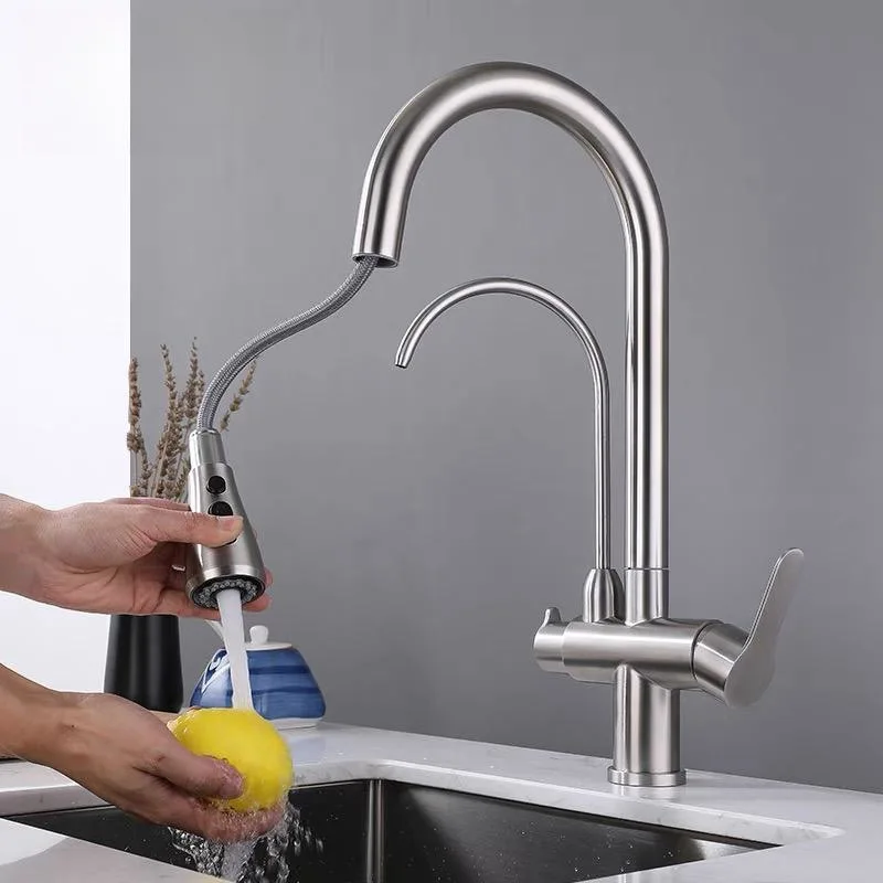 

304 stainless steel kitchen pull-out faucet, household three in one water purifier, hot and cold faucet
