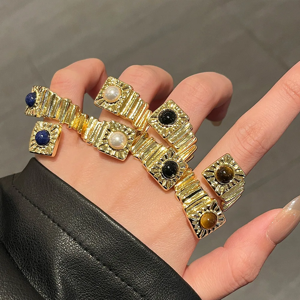 

Vintage Gold Color Spiral Metal Textured Natural Stone Rings for Women Exaggerated Trendy Finger Jewelry Gifts