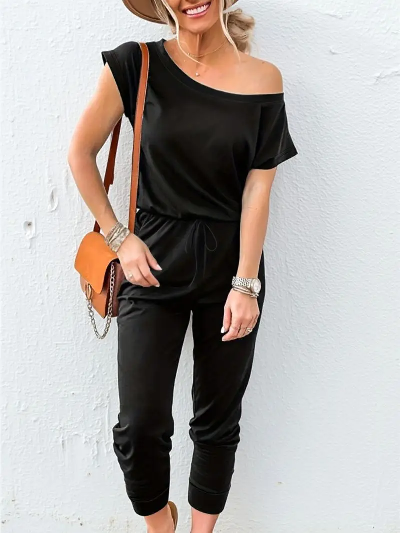 Pure Black Off-Shoulder Short-Sleeved Jumpsuit Waist Cinching Foot Binding Casual Slimming Sloping Shoulder for Commute