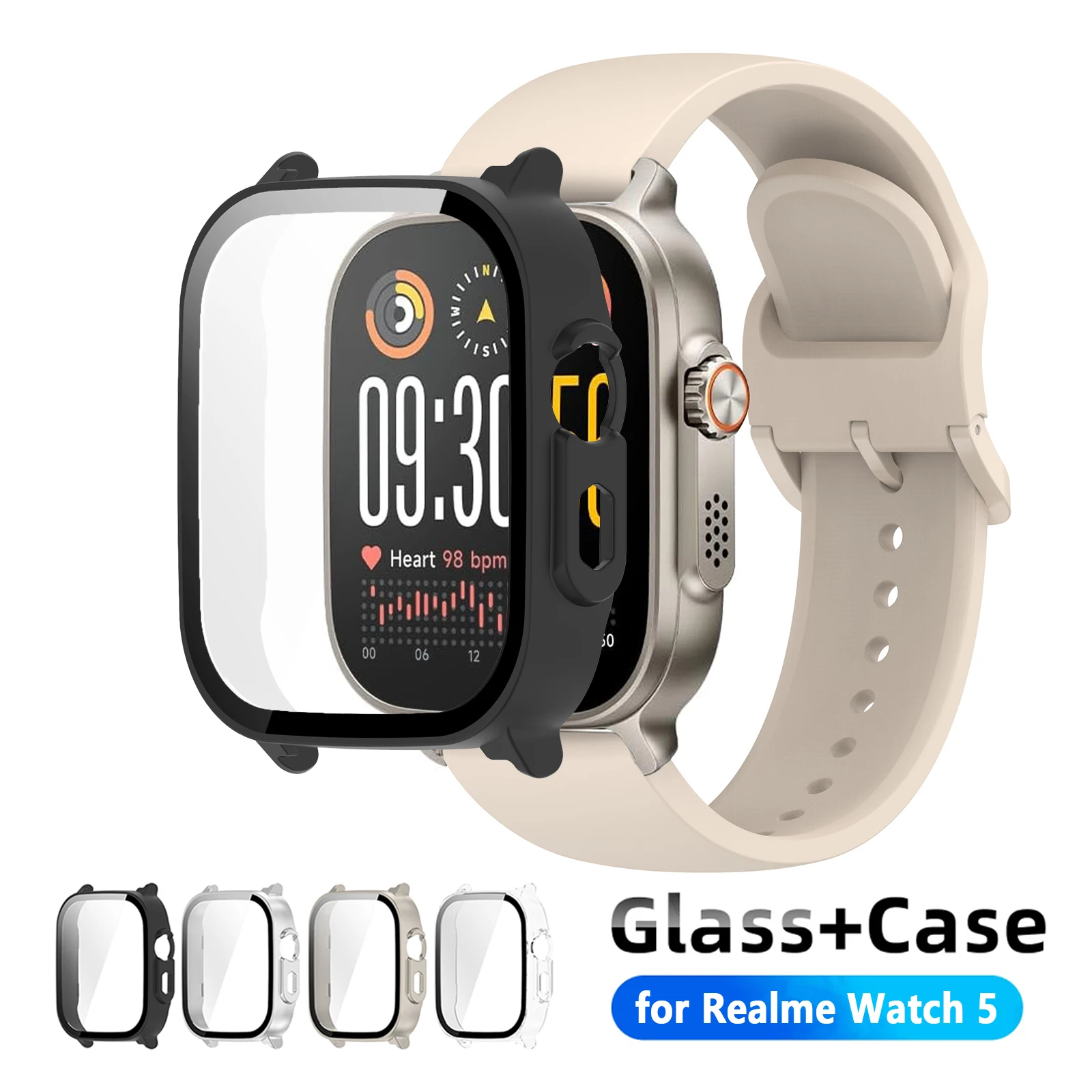 Harte PC-Schutzhülle für Realme Watch 5 Hülle + Glas-Displayschutzfolie für Realme Watch 5 Allround-Stoßfänger-Zubehör чехол