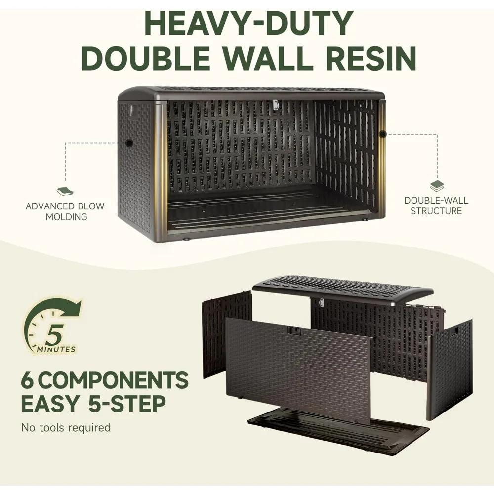 صندوق تخزين سطح مزدوج الطبقات مقاوم للماء 73 جالون للاستخدام الداخلي والخارجي - سلة قابلة للقفل مثالية لأثاث الفناء