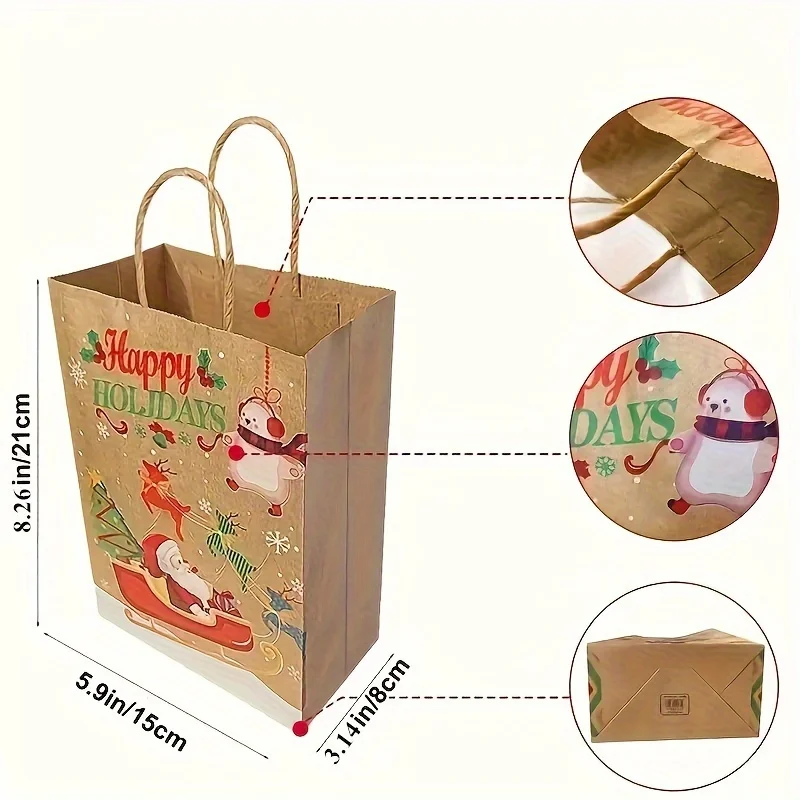 8–48 Stück Weihnachtsserie Kraftpapier-Geschenktüten, Verpackung von Party-Süßigkeitsgeschenken, bedruckte Tragetaschen mit Cartoon-Elch-Schneemann-Weihnachtsbaum – Detail 2