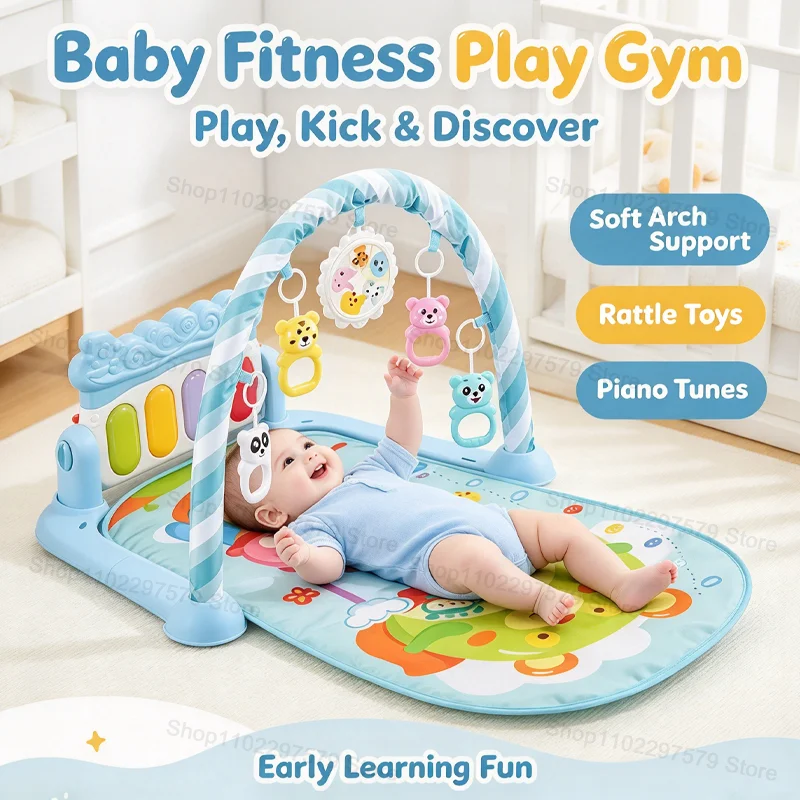 Baby Piano Play Gym 3 in 1 Activity Fitness Playmat Hanging Toys Musical Sound Soft Crawling Mat for Newborn Infants 0‑36 Months
