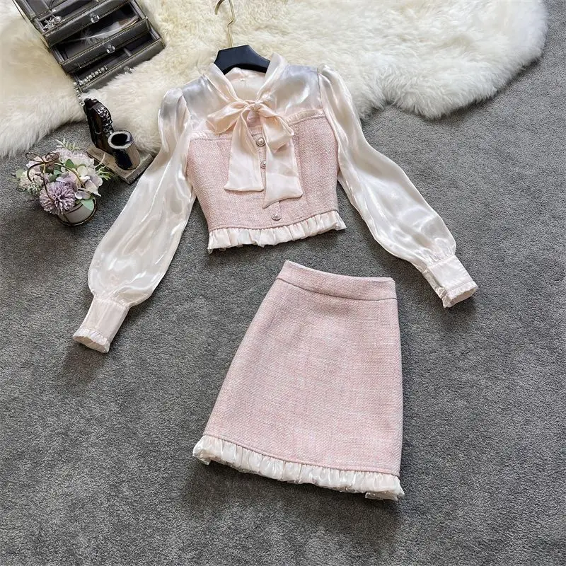 Women Tweed Fragrant Y2K Pink Suit Mesh Shirt Top And Skirt Two Piece Set Outfit Autumn Jacquard Vintage Elegant Chic Clothing