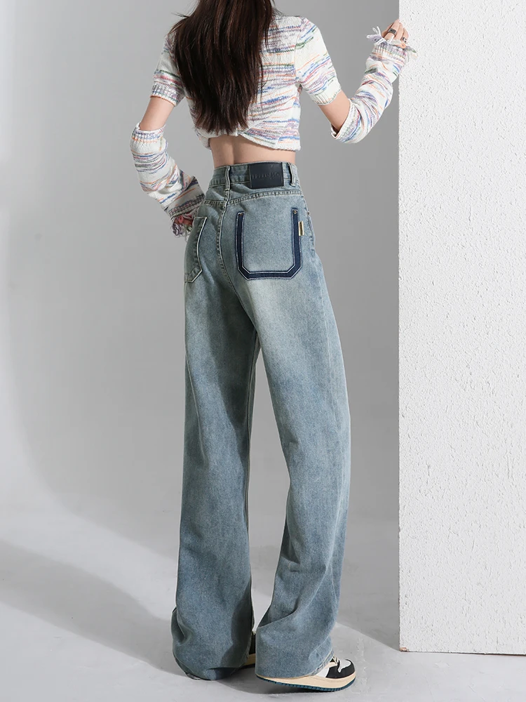 Hochgeschnittene Weite Jeans für Damen, Loose Fit, Farbblock-Design, Frühling 2024, Lange Hose mit Geradem Schnitt für Junge Frauen