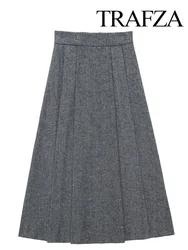 TRAFZA Women Fashion Spring Vintage Grey Pleated Long Skirt Female Chic Zipper High Waist Elegant A Line Skirts Streetwear