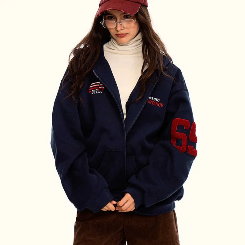 

American Retro Zipper Hooded Sweatshirt Unisex Autumn and Winter Contrast Embroidered Letters Loose Casual Long Sleeve Tops