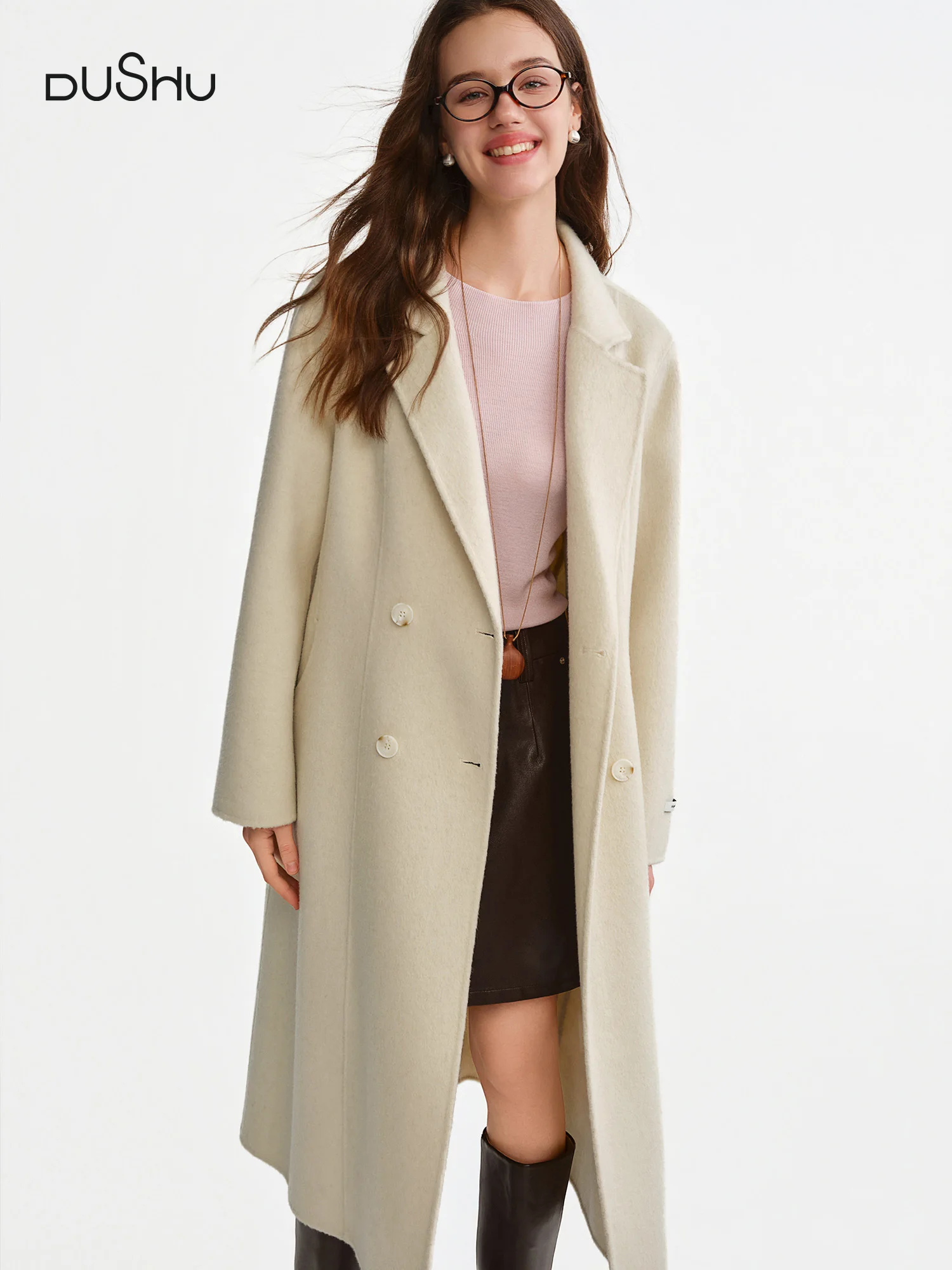 

DUSHU 2025 женское двустороннее шерстяное пальто с зубчатыми лацканами, верблюжьее пальто из смеси волос, зимний теплый плащ, винтажная верхняя одежда