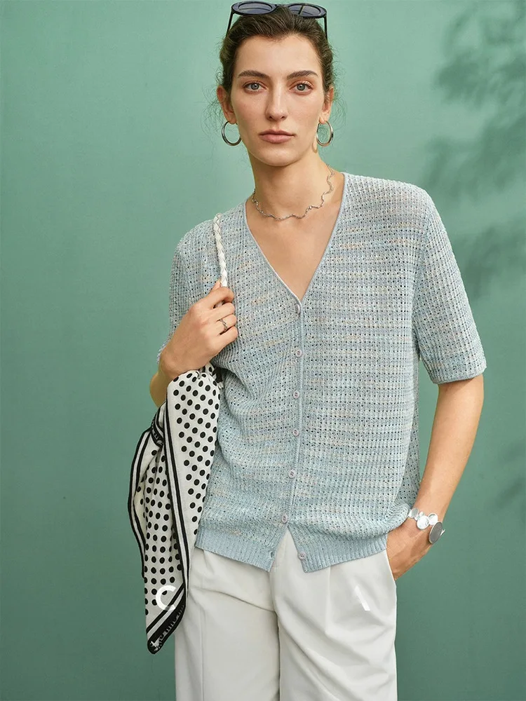 2025 Summer New! Women's Color - changing Feather - scale Shirt, Compo - leine Linen Sequin Loose V - neck Short - sleeve Knit C