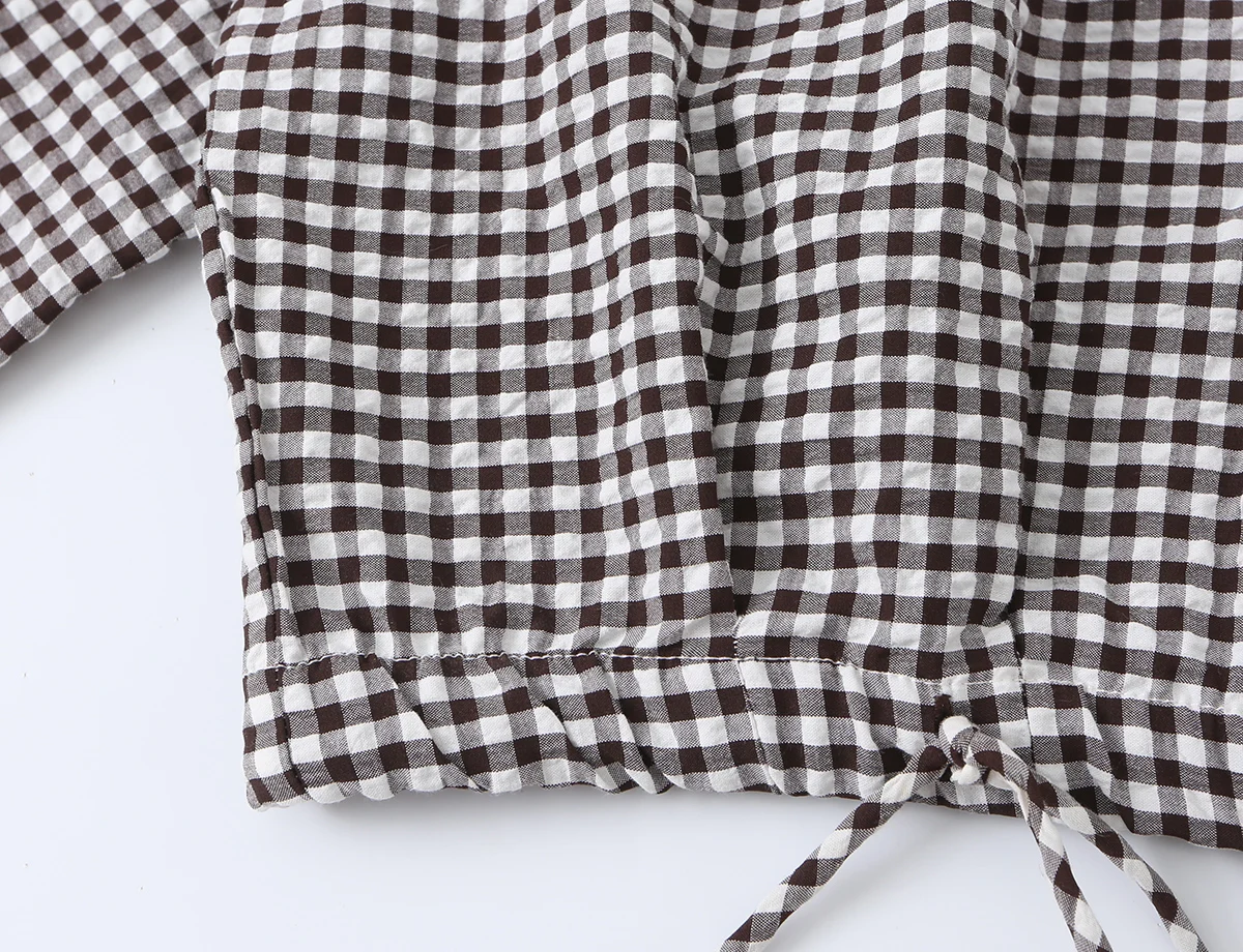 BSAY New Ladies Cropped Gingham Plaid Outerwear Stand Collar Long Puff Sleeve Button Up Drawstring Hem Casual Loose Check Jacket