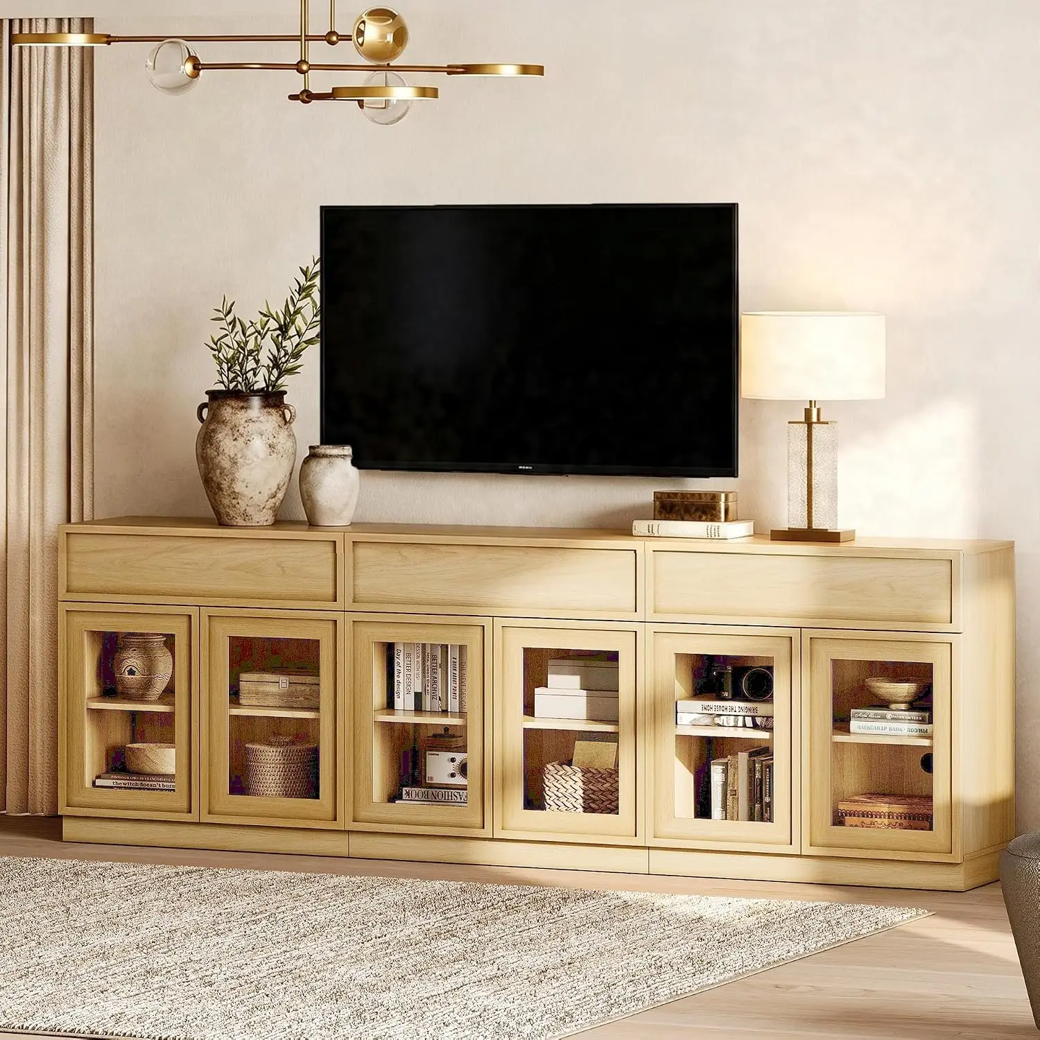 Modern TV Stand Console Cabinet 6 Doors Drawer Adjustable Shelf Living Room Bedroom Oak, Customized