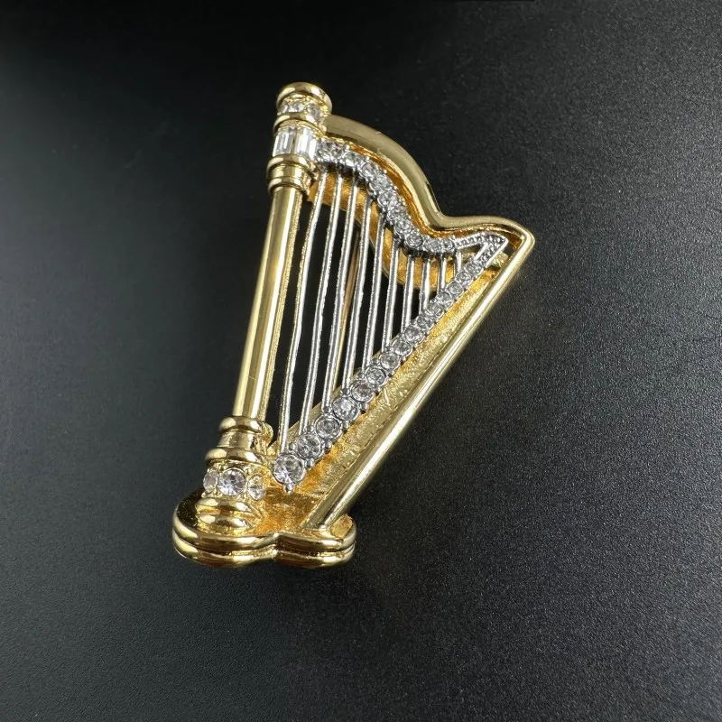 

Vintage Elegant Harp Brooch with Zircon, Dual-tone Musical Instrument Pin for Women