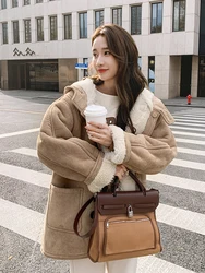 Korean Style Women's Autumn Winter Warm Coat Khaki Hooded Faux Wool Horn Button Thick Jacket 2023 Preppy Cashmere Plush Top