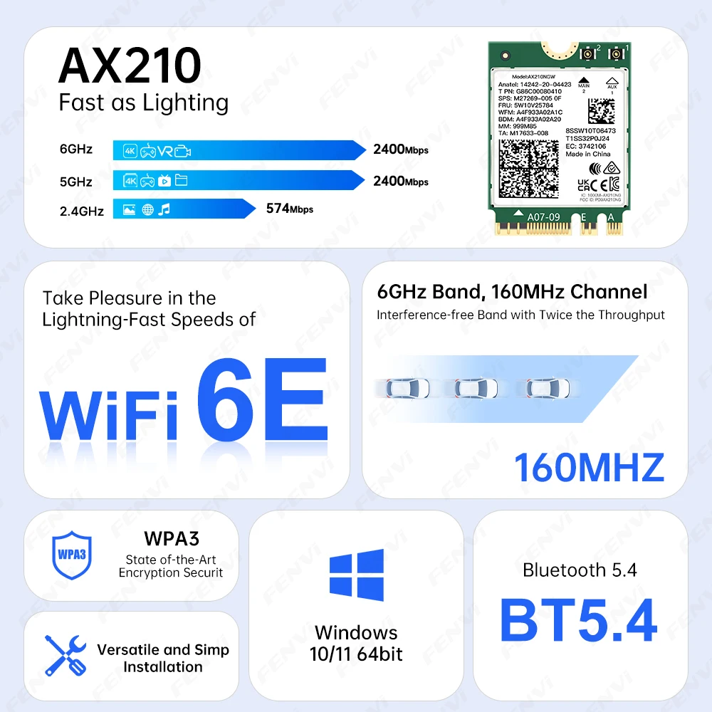 Fenvi M.2 Network Card for Intel AX210 AX200 RTL8852CE AX900 Bluetooth 5.4 5.3 Wireless Adapter 802.11AX WiFi6 WiFi 6E NGFF Card