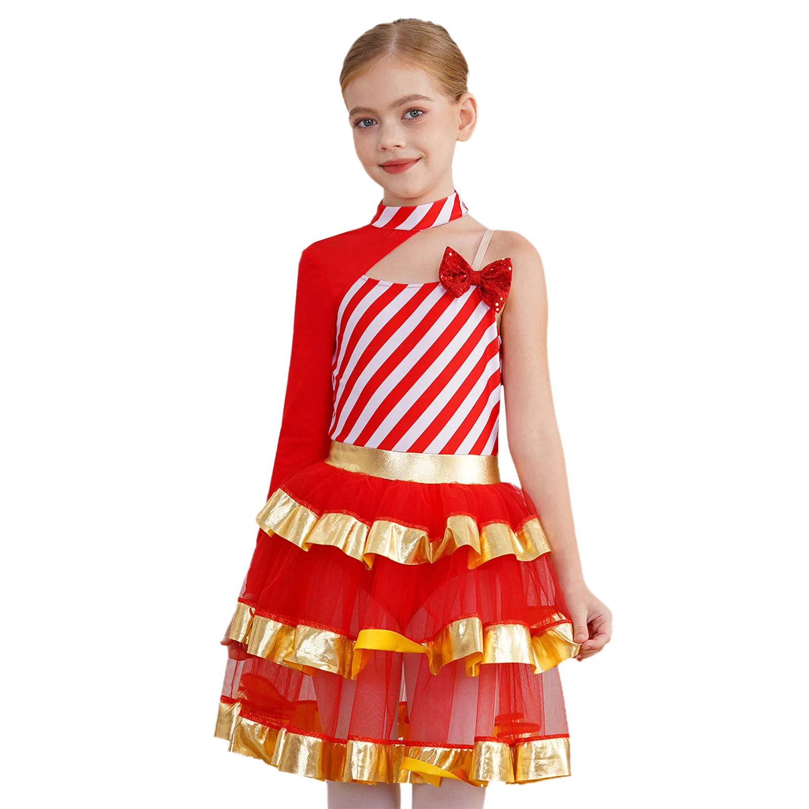 Girl Christmas Party Dress New Year Cosplay Candy Cane Costume Stripes Shiny Sequins Tiered Tutu Dress Xmas Holiday Dress Up