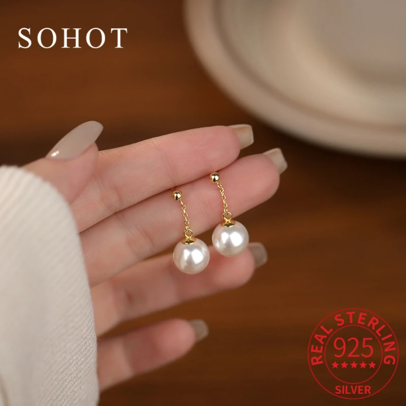 

Real 925 Sterling Silver Round Pearl Pendant Minimalist Stud Earrings for Elegant Women Fine Jewelry Luxurious Accessories