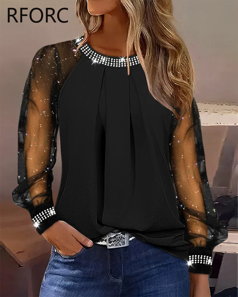 2023 Women Glitter Rhinestone Decoration Round Neck Causal Black Blouse Top