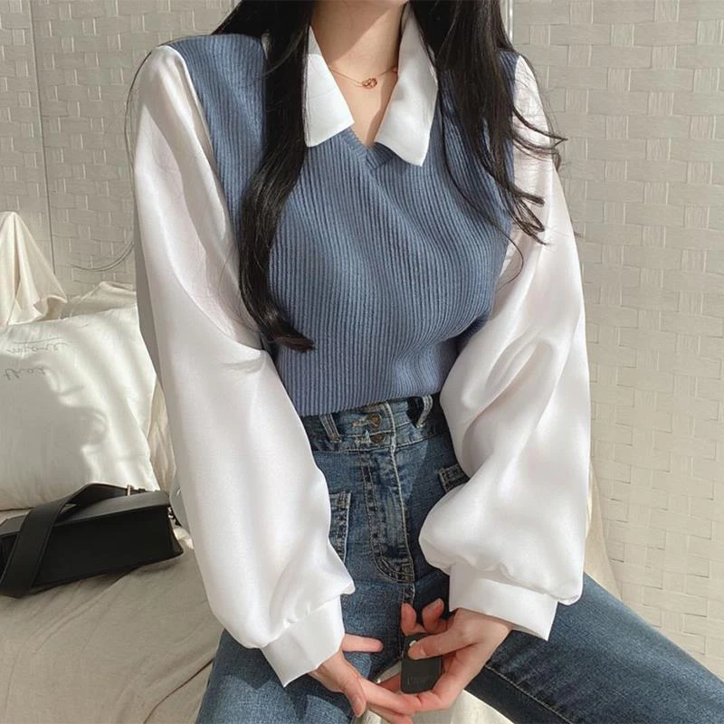 Patchwork Y2K Shirt Women Korean Casual Vintage Loose Pullover Female Tops Autumn Elegant Long Sleeve Blouse New