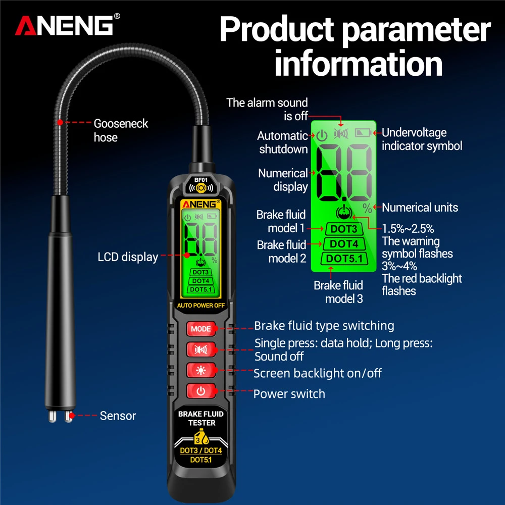 BF02 BF01 Tester olio freni liquido freni automobilistico Tester liquido freni digitale portatile Test DOT3/DOT4/DOT5.1 con sonda flessibile