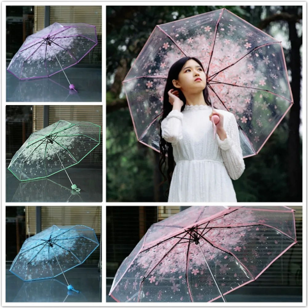 

Cherry Flower Transparent Umbrella Anti-UV 3 Fold Clear Sun Rain Umbrella Paraguas Plegable Mujer Women Girls Sakura Umbrella